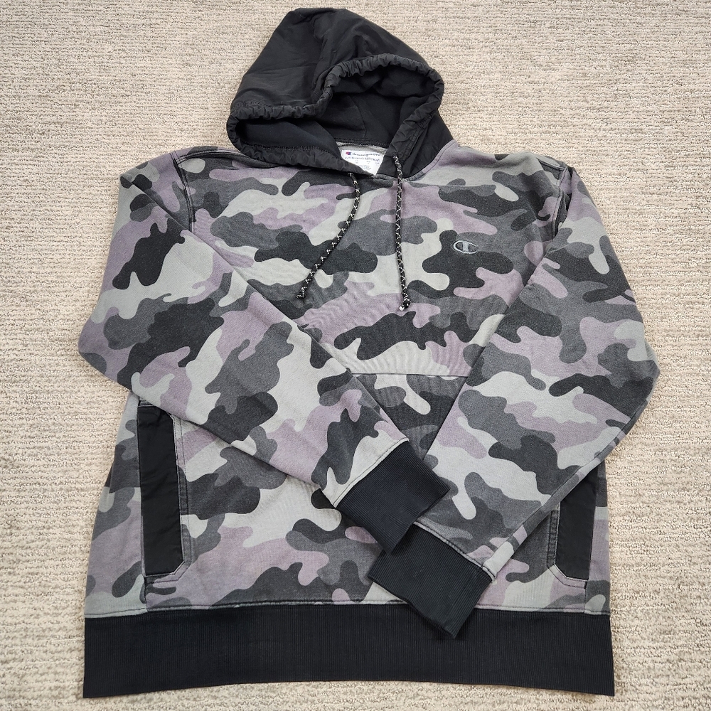 Champion Faded Camo Hoodie Mens Medium Black Gray Camoflage Pullover Nylon Hood